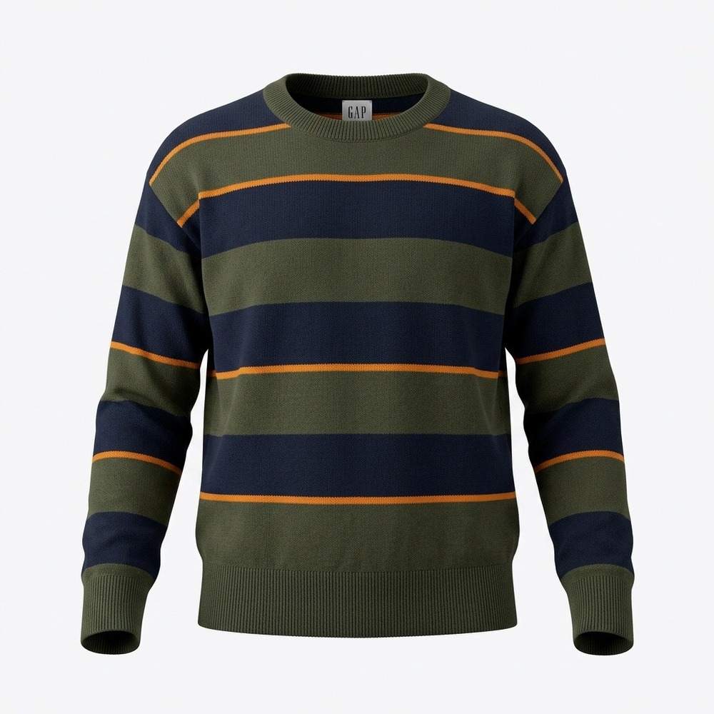 Gap Kids Striped Crewneck Sweater Olive Green Navy Blue Orange Size L‎ 10-11